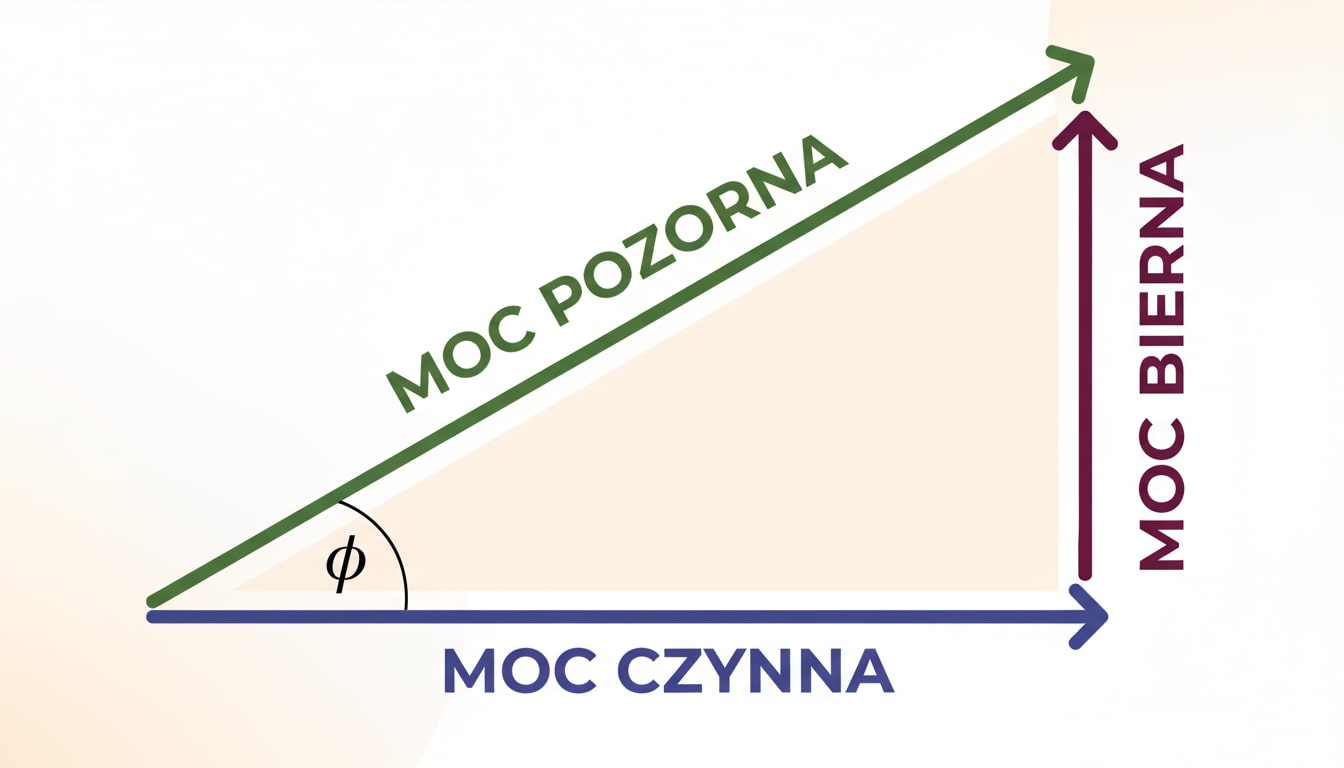 Schemat trójkąta mocy przedstawiający zależność między mocą czynną, bierną i pozorną oraz współczynnikiem tgφ.